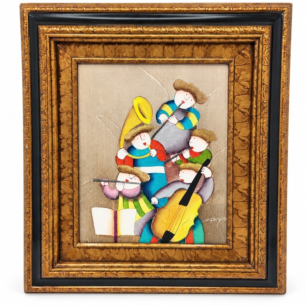 Joyce Roybal Whimsical Puffy People Musical Quarted Framed Signed Painting Art